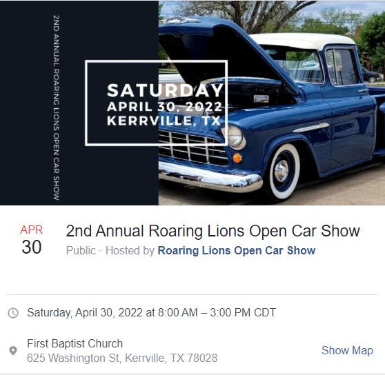 ROARING LIONS Kerrville OPEN CAR SHOW Lake Area Rods and Classics